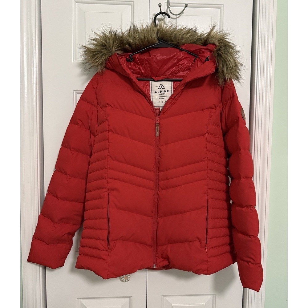 Alpine Design Women's Faux Fur Hooded‎ Coat Jacket Red Puffer Quilted XL Size